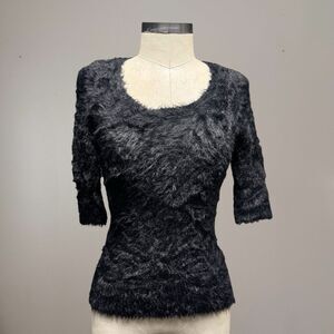 Anthropologie Knitted & Knotted Sweater Womens Black S Y2K Faux Fur Plush